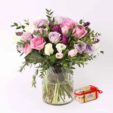 Modest 60 Roses and Tulips, Vase, Ferrero Rocher, Glass Vase, Ribbon Bow, Elegant Floral Arrangement